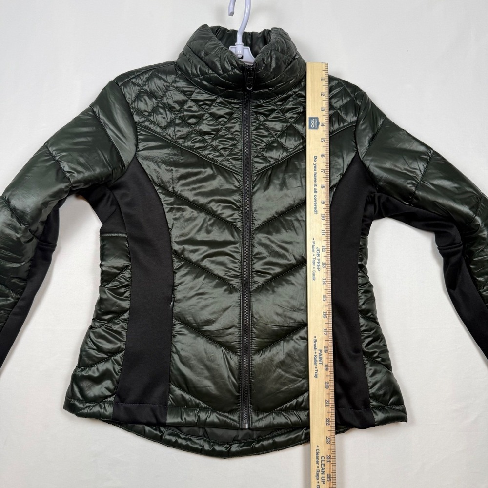 Guess Womens Medium Quilted Puffer Jacket Dark Green Full Zip Hideaway Hood - Picture 9 of 11